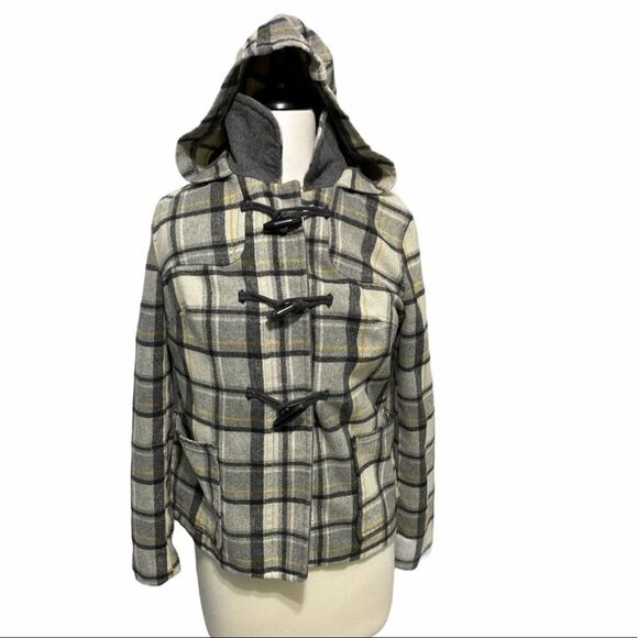Old Navy Plaid Wool Winter Jacket With Hood‎ Toggle Jacket Gray Yellow Small - Picture 1 of 11